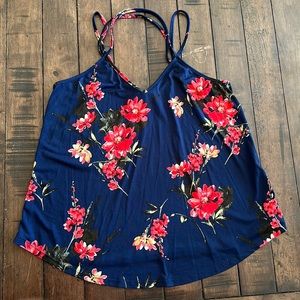 Navy with red flowers, loose fit, worn once